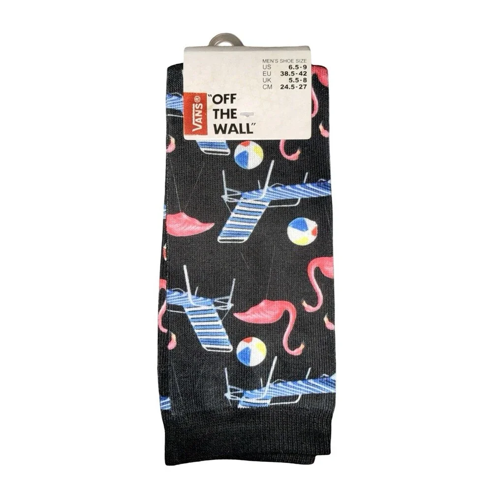 Vans Crew Socks Men’s 6.5-9 Novelty Beach Flamingo Off The Wall Black/pink 1 New